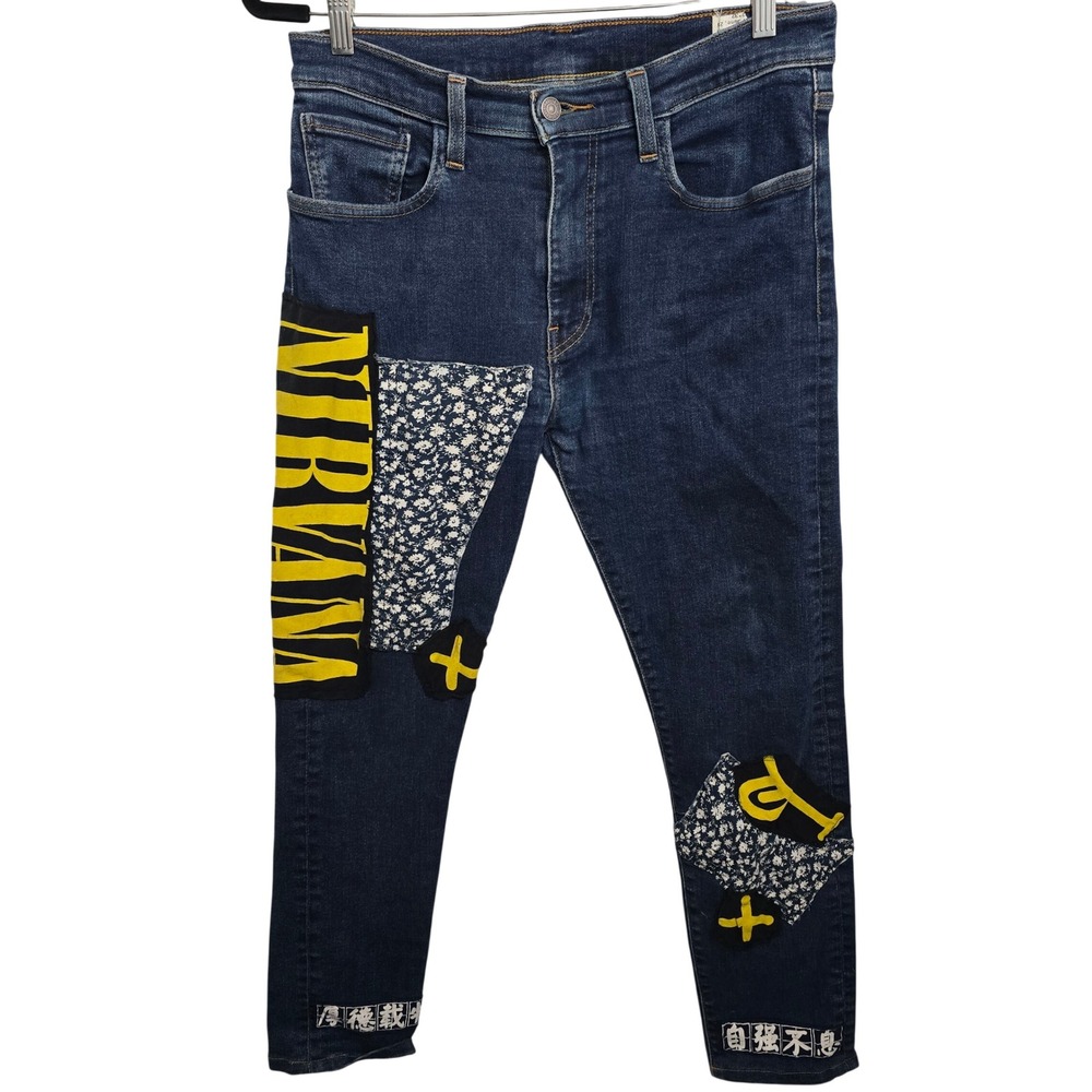 Levis Nirvana Custom Patch Jeans Mens 32x28 Dark Wash Floral Grunge‎ Y2K Denim
